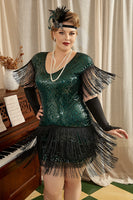 Laden Sie das Bild in den Galerie-Viewer, Grünes Plus Size 1920er Jahre Gatsby Kleid mit 20er Jahre Zubehör Set