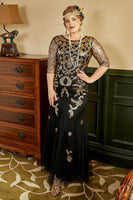 Laden Sie das Bild in den Galerie-Viewer, Schwarzes und goldenes Plus Size 1920er Jahre Gatsby Kleid mit 20er Jahre Zubehör Set