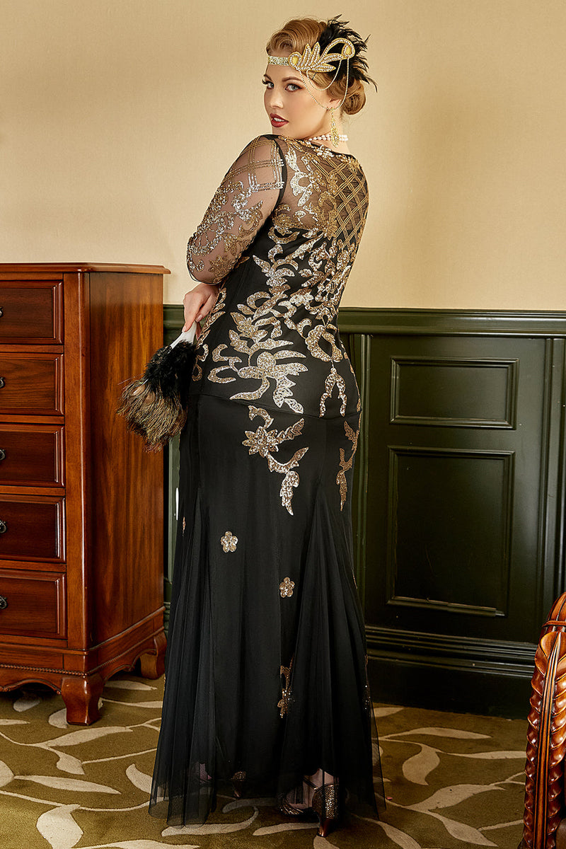 Laden Sie das Bild in den Galerie-Viewer, Schwarzes und goldenes Plus Size 1920er Jahre Gatsby Kleid mit 20er Jahre Zubehör Set