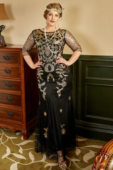 Schwarzes und goldenes Plus Size 1920er Jahre Gatsby Kleid mit 20er Jahre Zubehör Set