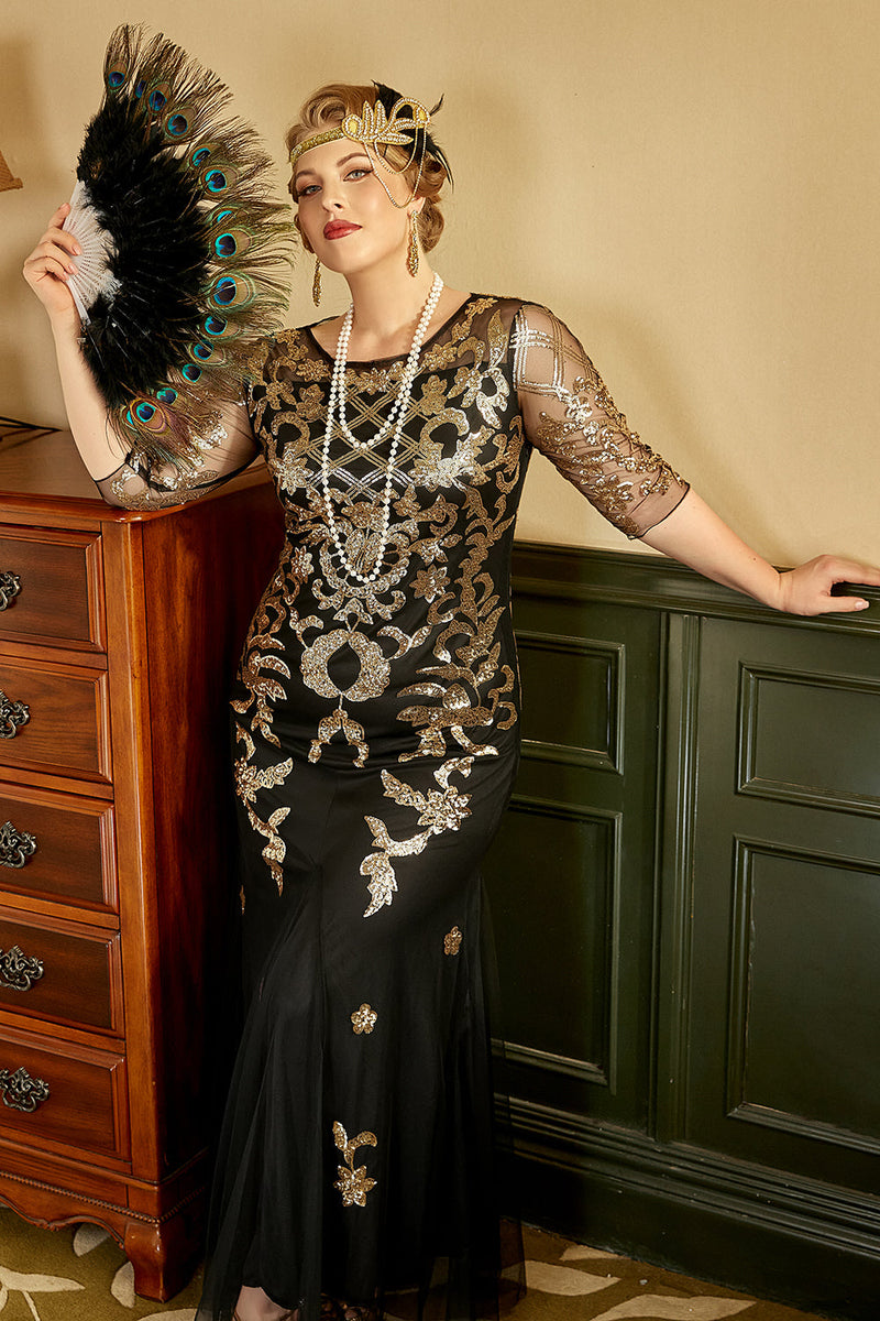 Laden Sie das Bild in den Galerie-Viewer, Schwarzes und goldenes Plus Size 1920er Jahre Gatsby Kleid mit 20er Jahre Zubehör Set