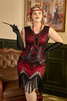 Laden Sie das Bild in den Galerie-Viewer, Rotes Plus Size 1920er Jahre Gatsby Kleid mit 20er Jahre Zubehör Set