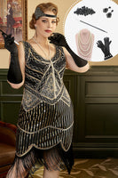 Laden Sie das Bild in den Galerie-Viewer, Schwarzes goldenes 1920er Plus Size Kleid mit 20er Jahren Accessoires Set
