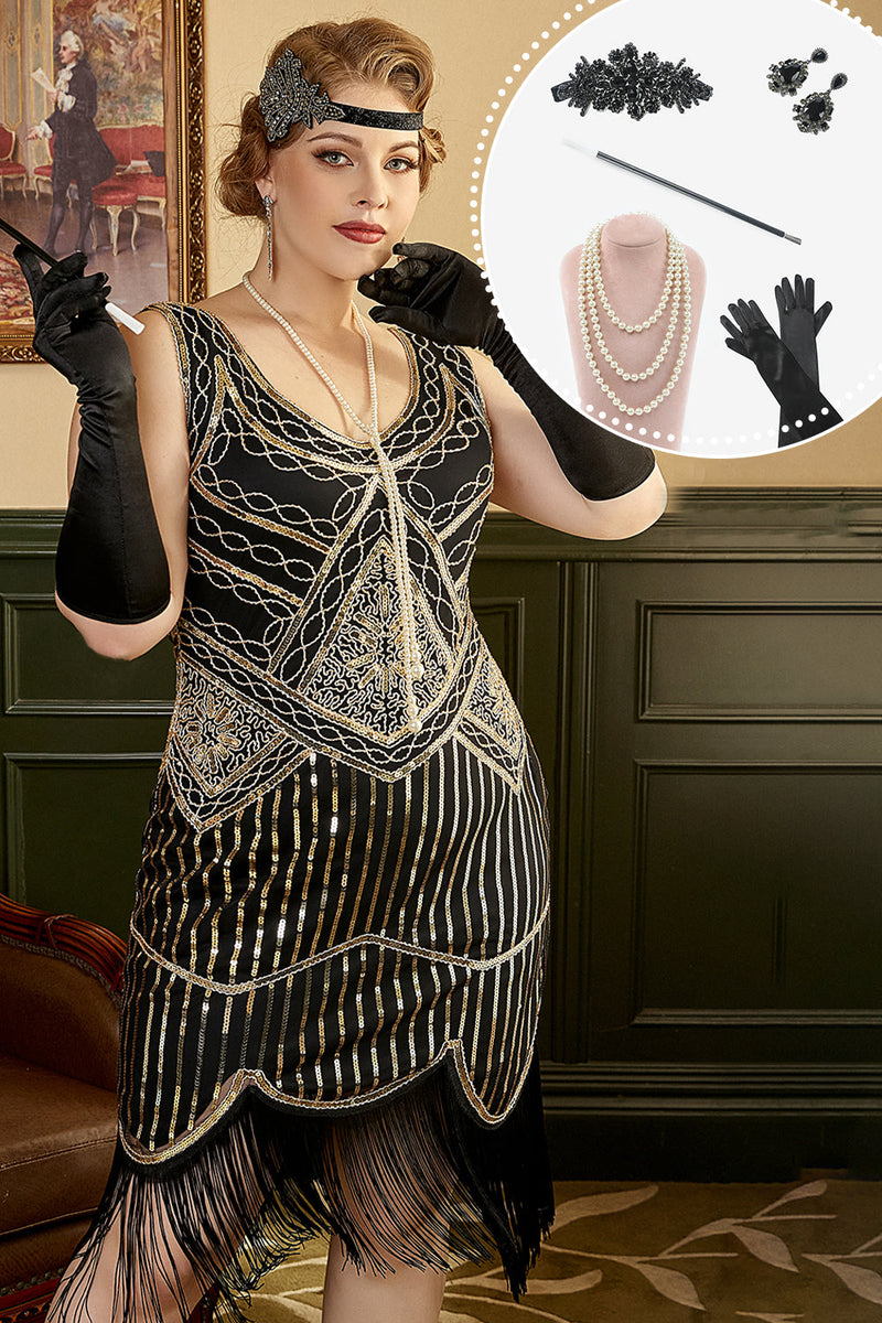Laden Sie das Bild in den Galerie-Viewer, Schwarzes goldenes 1920er Plus Size Kleid mit 20er Jahren Accessoires Set
