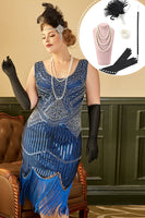 Laden Sie das Bild in den Galerie-Viewer, Königsblau Pailletten 1920er Jahre Plus Size Gatsby Kleid mit 20er Jahre Accessoires Set