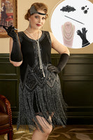 Laden Sie das Bild in den Galerie-Viewer, Schwarze Fransen 1920er Plus Size Gatsby Kleid mit 20er Jahre Accessoires Set