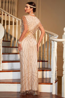Laden Sie das Bild in den Galerie-Viewer, Helles khakifarbenes langes Gatsby-Kleid aus den 1920er Jahren mit Pailletten und Accessoires