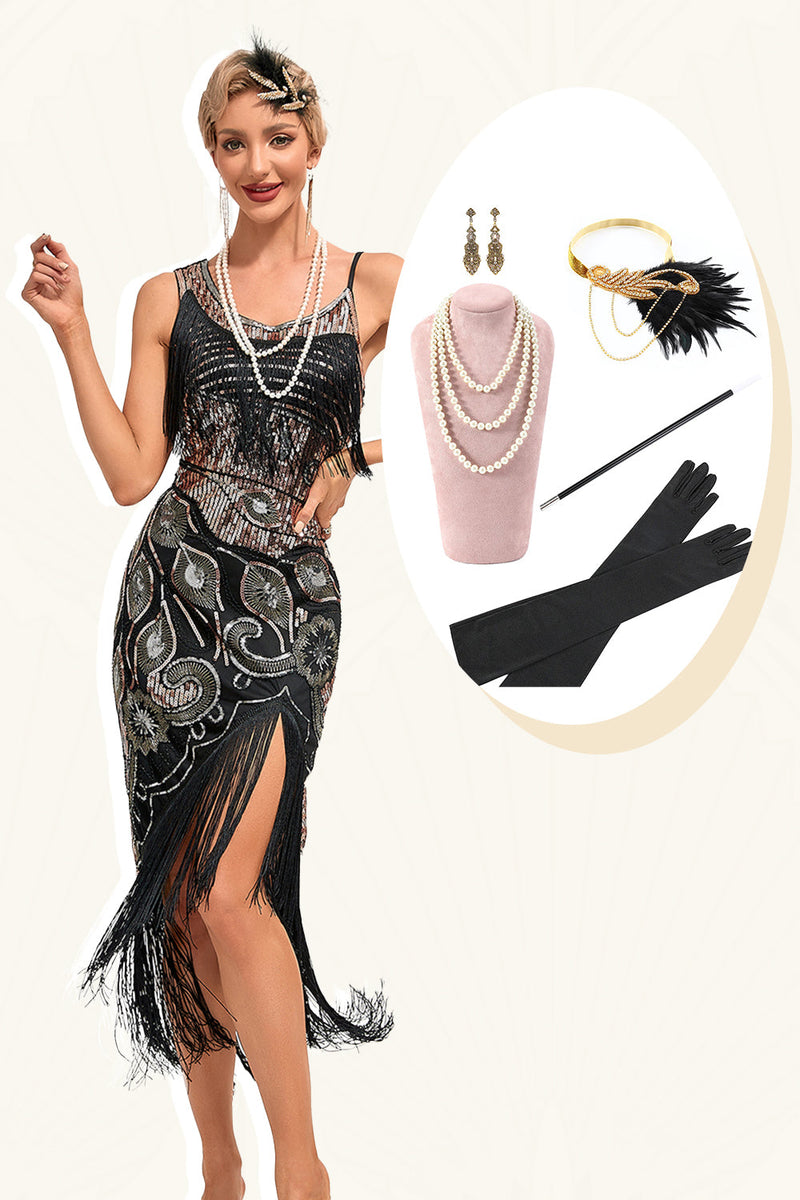 Laden Sie das Bild in den Galerie-Viewer, Glitzerndes Schwarzes Paillettenfransen-Set Asymmetrisches 1920er Jahre Gatsby-Kleid mit Accessoires
