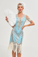 Laden Sie das Bild in den Galerie-Viewer, Glitter Grün Pailletten Fransen 1920er Jahre Gatsby Kleid mit Accessoires Set