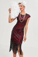 Laden Sie das Bild in den Galerie-Viewer, Burgunderrotes Fransen-Glitzer-Flapper-Kleid mit Accessoires