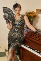 Laden Sie das Bild in den Galerie-Viewer, Schwarzes 1920er Jahre Plus Size Perlen Pailletten Flapper Kleid