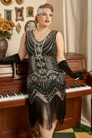 Laden Sie das Bild in den Galerie-Viewer, Schwarzes 1920er Jahre Plus Size Perlen Pailletten Flapper Kleid