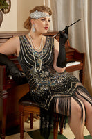 Laden Sie das Bild in den Galerie-Viewer, Schwarzes 1920er Jahre Plus Size Perlen Pailletten Flapper Kleid