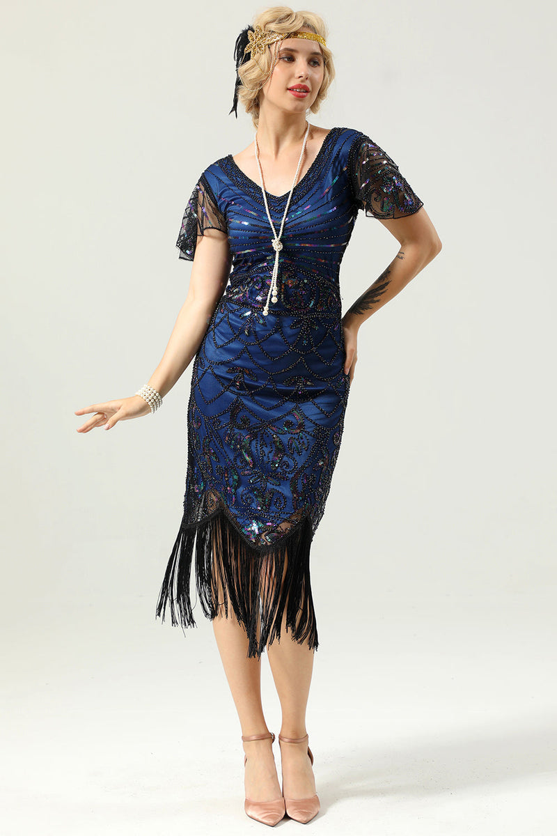 Laden Sie das Bild in den Galerie-Viewer, Königsblaues Pailletten-Fransen-Flapper-Kleid aus den 1920er Jahren