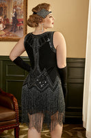 Laden Sie das Bild in den Galerie-Viewer, Schwarzes Flapper-Kleid in Plus Size aus den 1920er Jahren mit Quaste