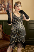 Laden Sie das Bild in den Galerie-Viewer, Schwarze Pailletten Fransen Plus Size 1920er Jahre Flapper Kleid