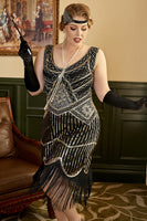 Laden Sie das Bild in den Galerie-Viewer, Schwarze Pailletten Fransen Plus Size 1920er Jahre Flapper Kleid