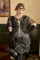 Laden Sie das Bild in den Galerie-Viewer, Schwarze Pailletten Fransen Plus Size 1920er Jahre Flapper Kleid