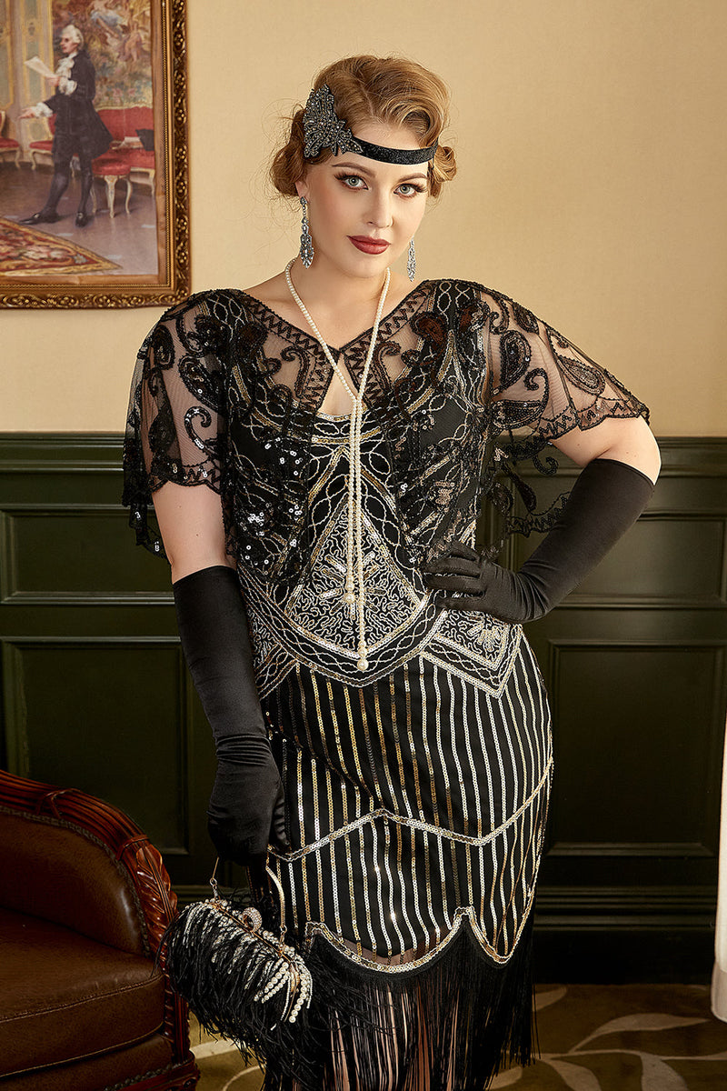 Laden Sie das Bild in den Galerie-Viewer, Schwarze Pailletten Fransen Plus Size 1920er Jahre Flapper Kleid