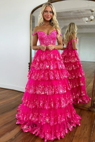 Glitzerndes Fuchsia Korsett Schulterfrei Spitze Langes Abendkleid