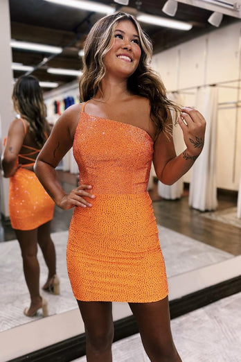 Funkelndes Oranges Ein Schulter figurbetontes Cocktailkleid mit Perlen