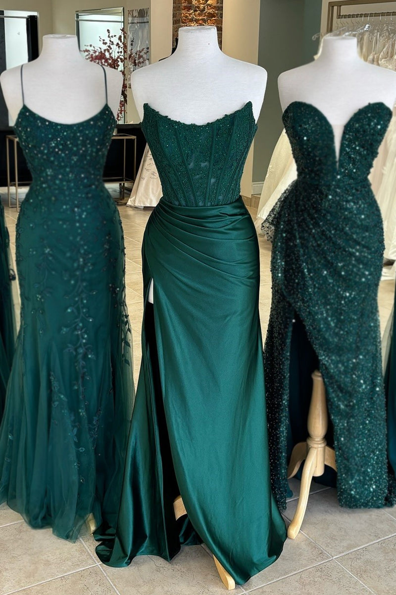 Laden Sie das Bild in den Galerie-Viewer, Glitzerndes Rote Etui-Korsett-Langes Ballkleid mit Spitze und Schlitz