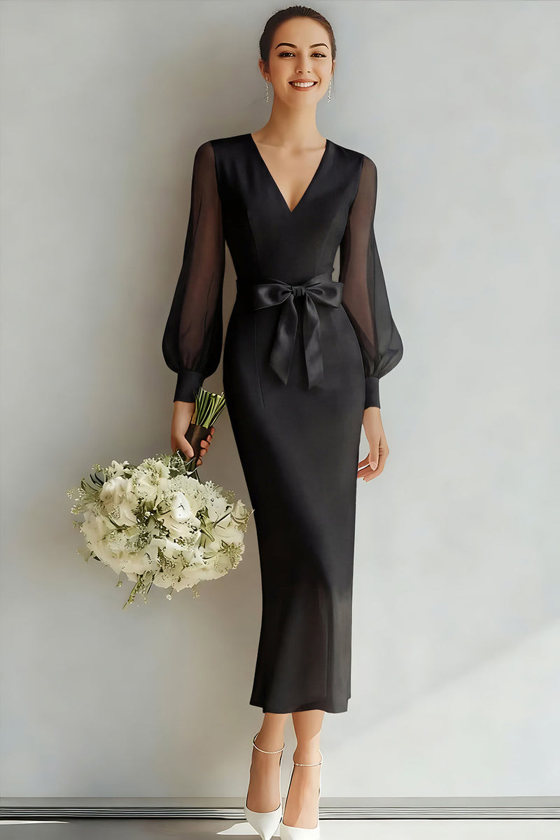 Laden Sie das Bild in den Galerie-Viewer, Weiß V Ausschnitt Etuikleid Lange Ärmel Brautkleid mit Schleife