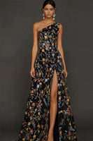 Laden Sie das Bild in den Galerie-Viewer, Blumenmuster Mauve One schulter A-Linien Langes Abendkleid mit Schlitz