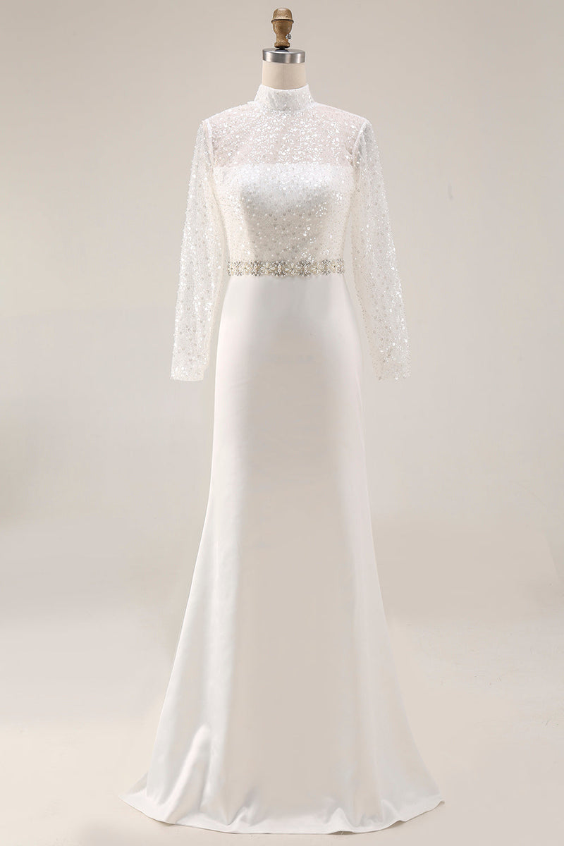 Laden Sie das Bild in den Galerie-Viewer, Weiß Meerjungfrau Hochgeschlossener Ausschnitt Maxi Brautkleid mit Perlenbesatz