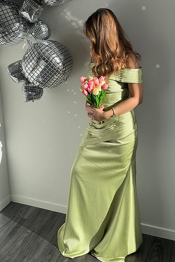 Grünes Schulterfreies Gerafftes Langes Formelles Kleid