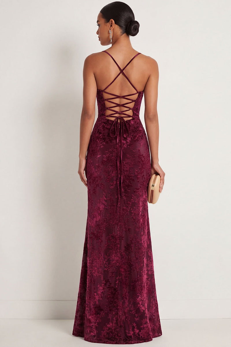 Laden Sie das Bild in den Galerie-Viewer, Etuikleid Dunkelgrün Spaghettiträger Maxi Samt Abendkleid