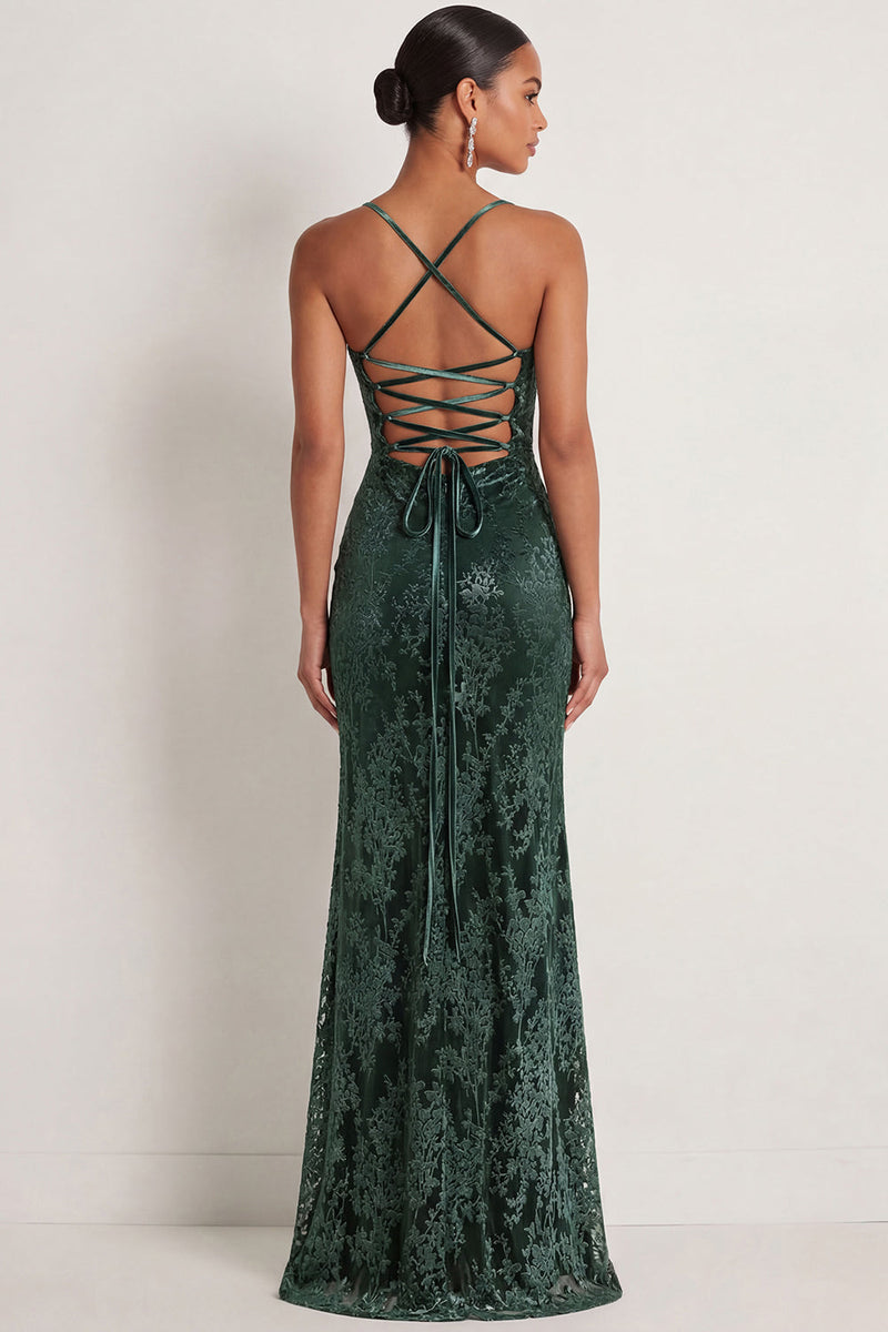 Laden Sie das Bild in den Galerie-Viewer, Etuikleid Dunkelgrün Spaghettiträger Maxi Samt Abendkleid