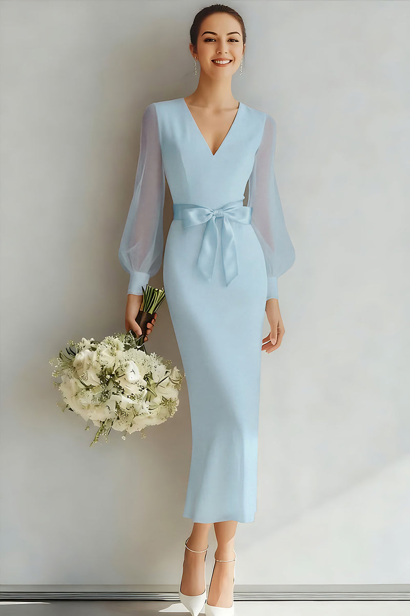 Laden Sie das Bild in den Galerie-Viewer, Weiß V Ausschnitt Etuikleid Lange Ärmel Brautkleid mit Schleife