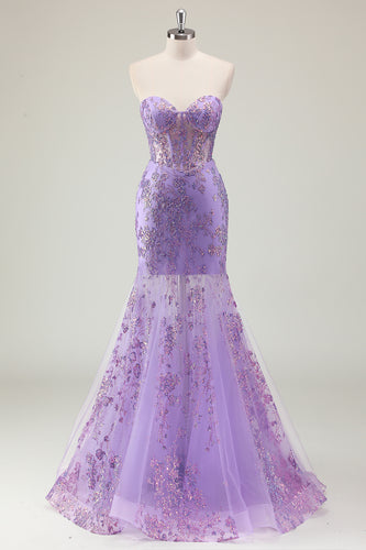 Glitzer Lila Korsett Trägerlose Langes Abendkleid mit Applikationen