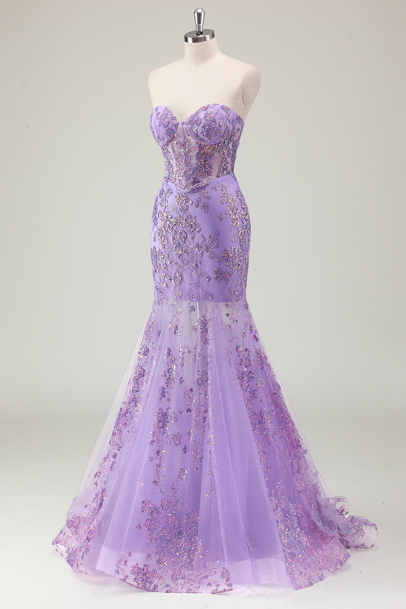 Laden Sie das Bild in den Galerie-Viewer, Glitzer Lila Korsett Trägerlose Langes Abendkleid mit Applikationen