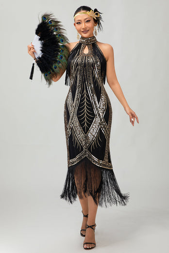 Glitzerndes Schwarzes Goldenes Pailletten Neckholder Flapperkleid mit Fransen
