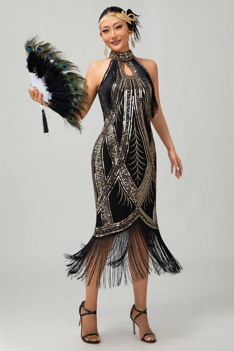 Laden Sie das Bild in den Galerie-Viewer, Glitzerndes Schwarzes Goldenes Pailletten Neckholder Flapperkleid mit Fransen