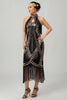 Laden Sie das Bild in den Galerie-Viewer, Glitzerndes Schwarzes Goldenes Pailletten Neckholder Flapperkleid mit Fransen