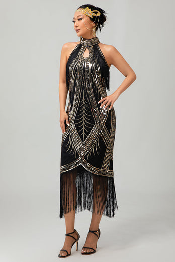 Glitzerndes Schwarzes Goldenes Pailletten Neckholder Flapperkleid mit Fransen