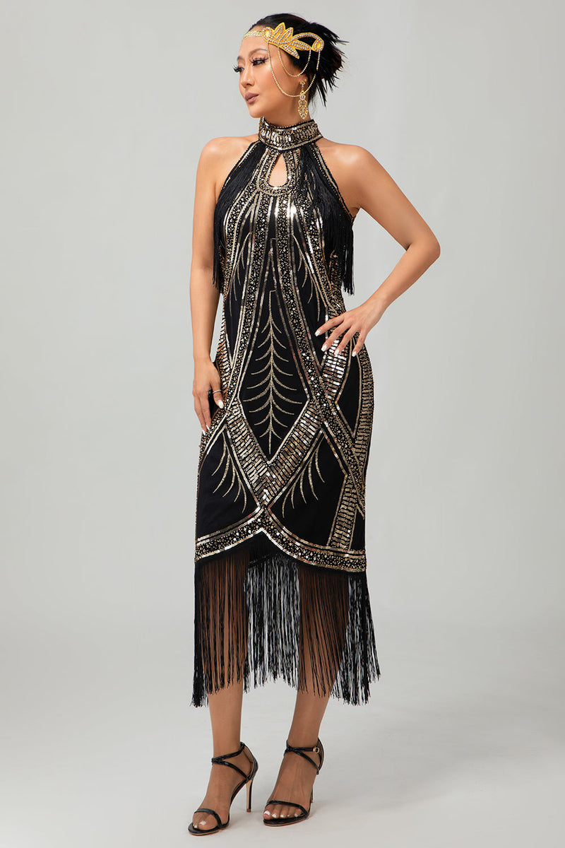 Laden Sie das Bild in den Galerie-Viewer, Glitzerndes Schwarzes Goldenes Pailletten Neckholder Flapperkleid mit Fransen