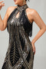 Laden Sie das Bild in den Galerie-Viewer, Glitzerndes Schwarzes Goldenes Pailletten Neckholder Flapperkleid mit Fransen