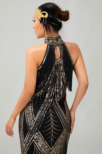 Glitzerndes Schwarzes Goldenes Pailletten Neckholder Flapperkleid mit Fransen