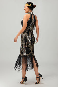 Glitzerndes Schwarzes Goldenes Pailletten Neckholder Flapperkleid mit Fransen