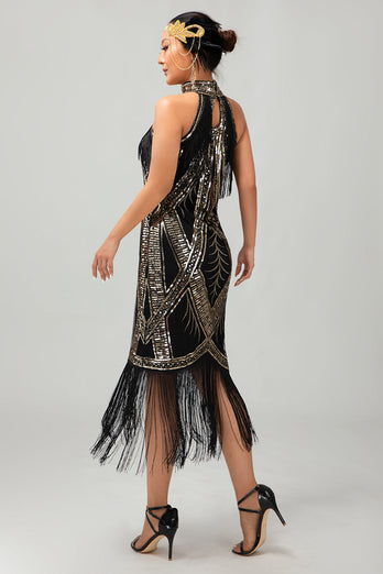 Glitzerndes Schwarzes Goldenes Pailletten Neckholder Flapperkleid mit Fransen