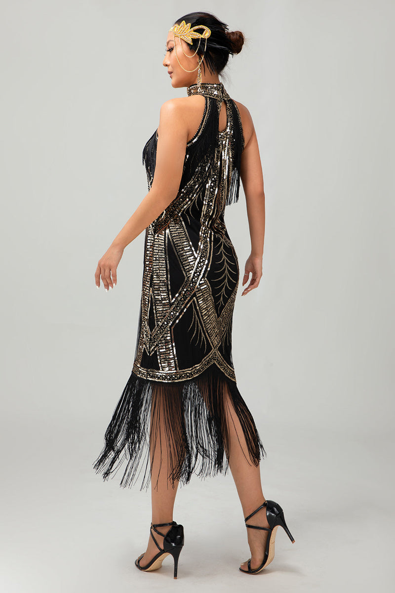 Laden Sie das Bild in den Galerie-Viewer, Glitzerndes Schwarzes Goldenes Pailletten Neckholder Flapperkleid mit Fransen