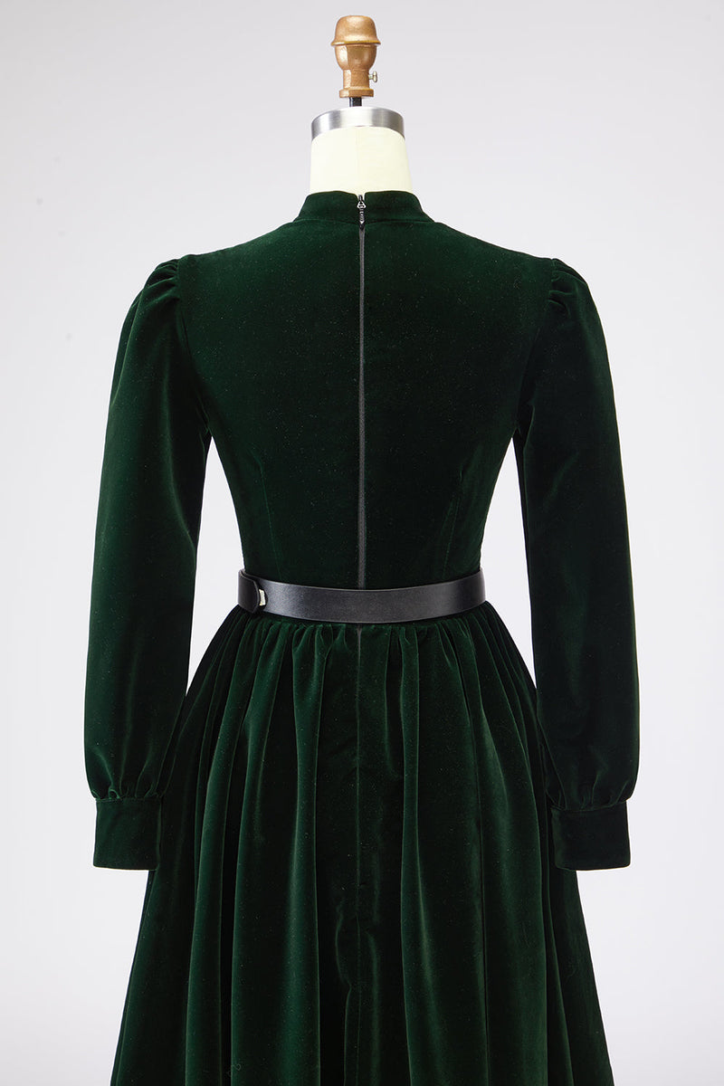Laden Sie das Bild in den Galerie-Viewer, Dunkelgrün A Linien Samt Langes Festliches Kleid mit Gürtel