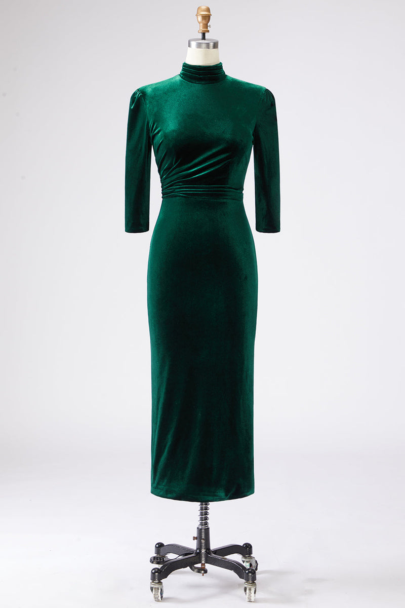 Laden Sie das Bild in den Galerie-Viewer, Dunkelgrün Samt Hochgeschlossener Ausschnitt Etuikleid Langes Festliches Kleid mit Ärmeln