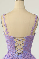 Laden Sie das Bild in den Galerie-Viewer, Eine Linie Spaghetti Träger Lila Kurze Cocktailkleider