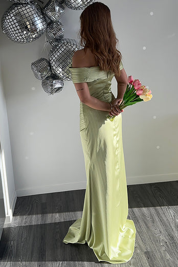 Grünes Schulterfreies Gerafftes Langes Formelles Kleid