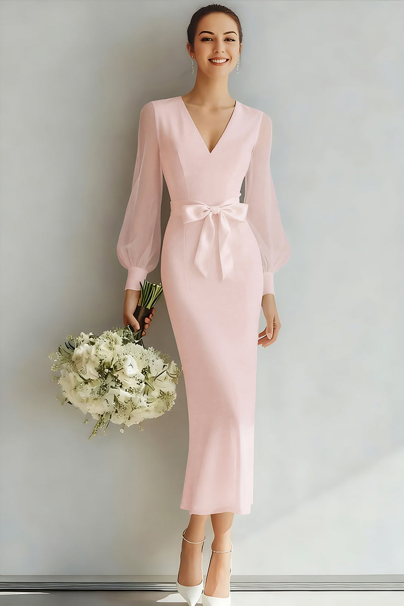 Laden Sie das Bild in den Galerie-Viewer, Weiß V Ausschnitt Etuikleid Lange Ärmel Brautkleid mit Schleife